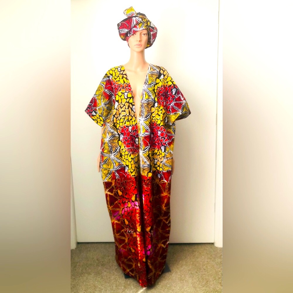 Colorful Patterned Long Kaftan Kimono with Headwrap
